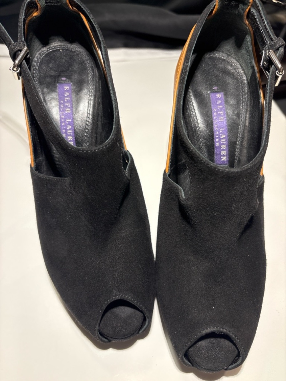 Ralph Lauren Collection Black Suede Peep Toe Heels Slingback Italy Size 6.5